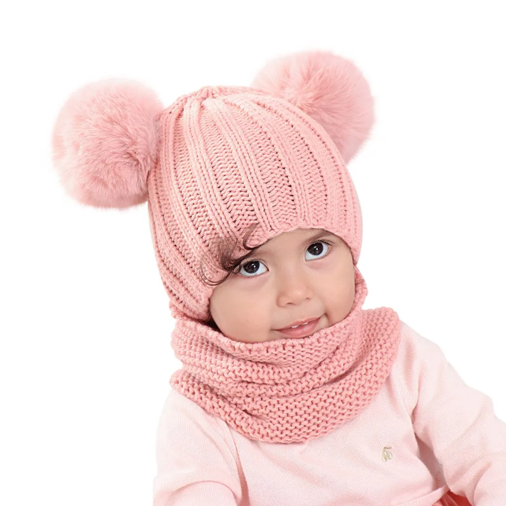 Детские шапки для детей 1-3 лет, зимняя теплая шапка, комплект для мальчиков и девочек, вязаная шапка с двойным ворсом и помпоном, мягкие зимние вязаные шапки