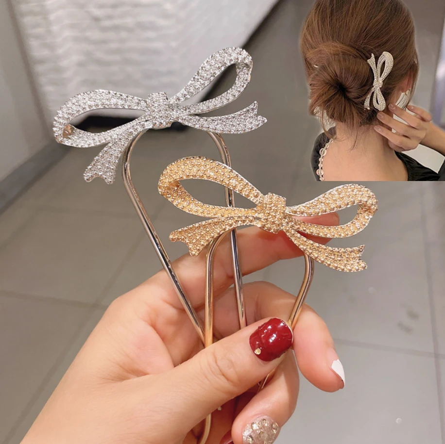 U shape Hair Stick Pin For Women Girls Bride Bowknot Hair Styling Tools Metal Barrettes Clips Bun Maker Accessories
