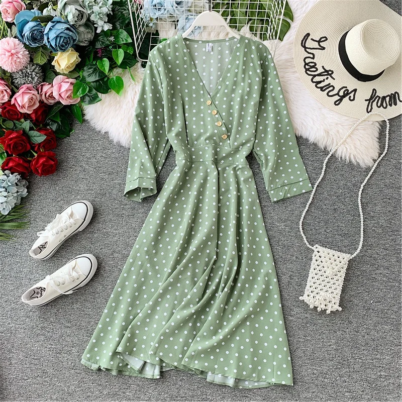 

Taotrees Autumn Slim Long Sleeve V-Neck Retro Polka Dot Print A-line Dress