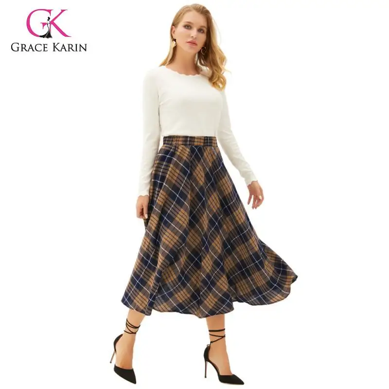 Grace Karin Women Vintage Classic Grid Pattern Plaid High Waist A-Line Skirt Fashion Flared Skirt High Waist Pleated Midi Skirts