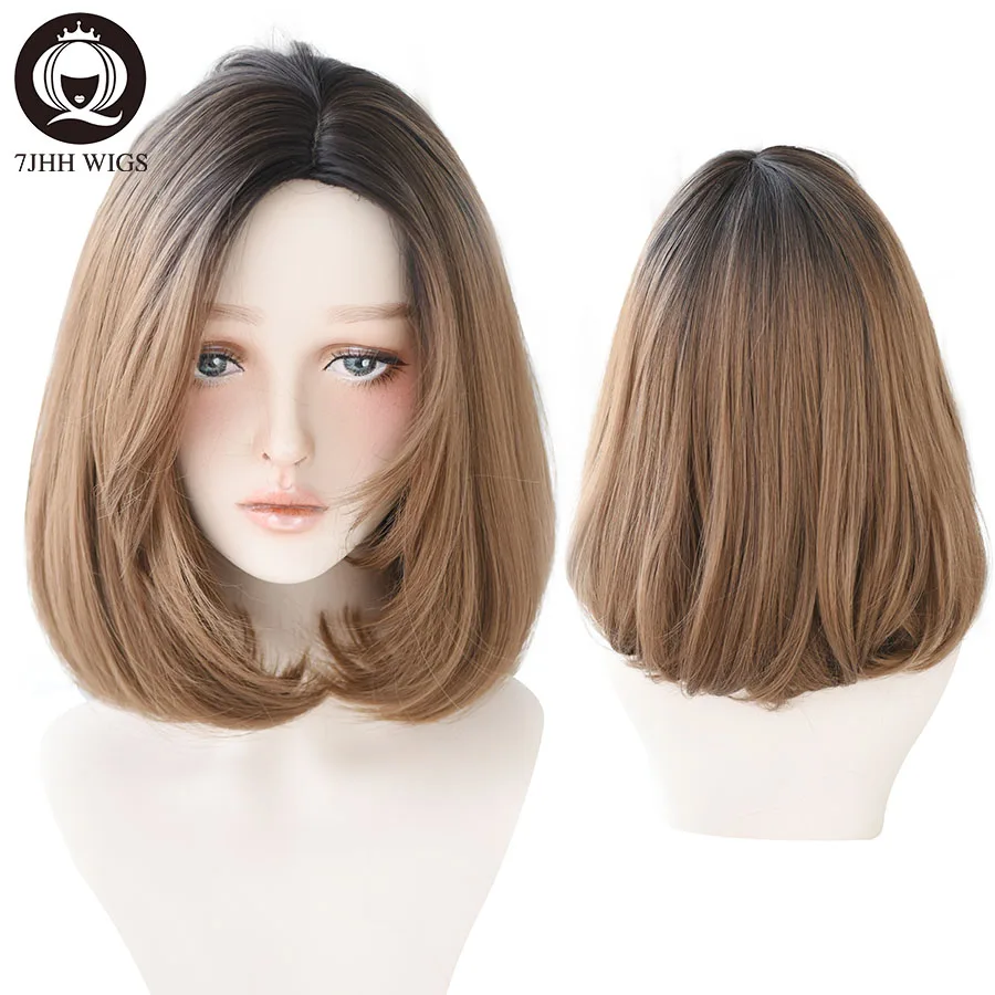 7JHH WIGS Short Middle Part Ombre Blonde Wig For Women High Density Synthetic Straight Bob Wig with Bangs Beginner Friendly