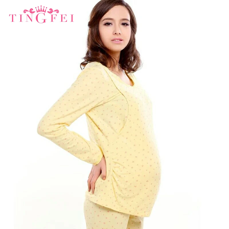 Yellow TINGFEI для беременных и кормящих женщин одежда для сна теплое нижнее белье осень зима ночное белье пижамы послеродовой пренатальный комплект - Цвет: Yellow