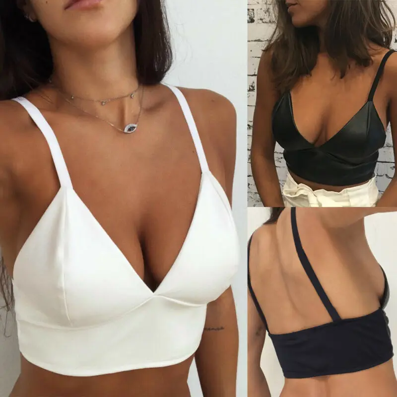 Women Ladies Vest Crop Top Shirt PU Leather Bralette Bra Bustier Sleeveless Tank