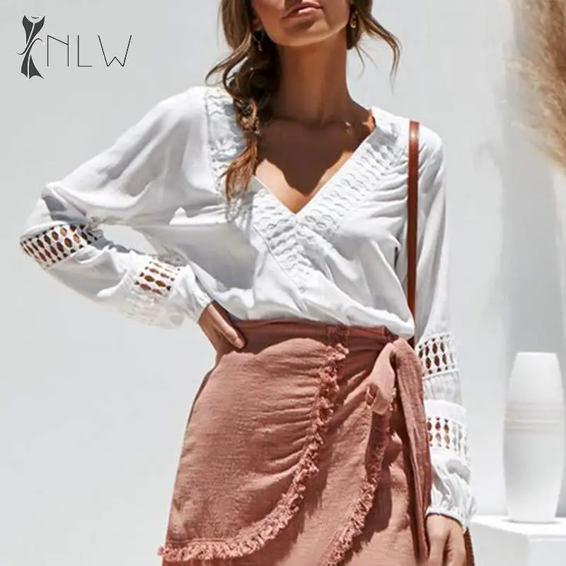 

NLW White Hollow Out Autumn Blouses Women 2019 Winter V Neck Causal Loose Blouses Shirts Lantern Sleeve Ladies White Tops