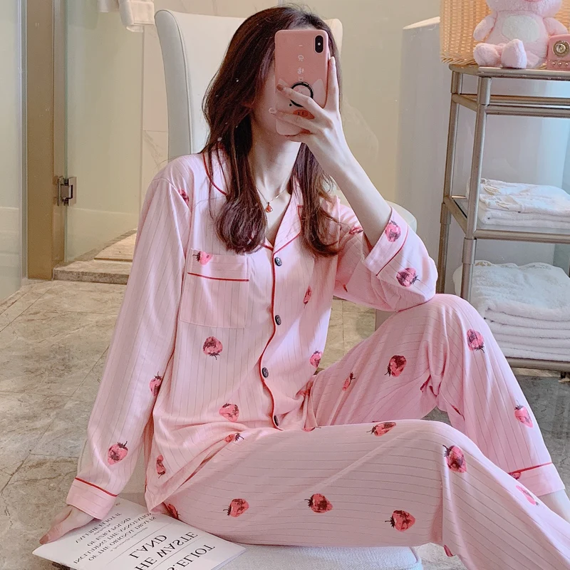 Пижамы для женщин с длинным рукавом в клетку в Корейском стиле розовый Kawaii пижамный комплект размера плюс женская домашняя одежда мягкая с отложным воротником