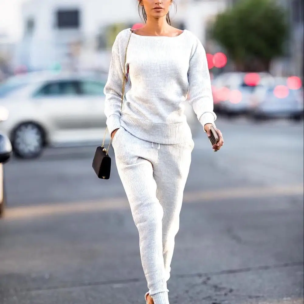 Casual Women's Sweater Suits and Sets Autumn Winter O Neck Long Sleeve Sweaters Tops+Long Trousers Solid 2 Piece 2019 |