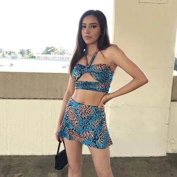 

club sexy halter hollow out woman 2piece set street tank tops skirts Matching set vogue print Beach vacation slim clother