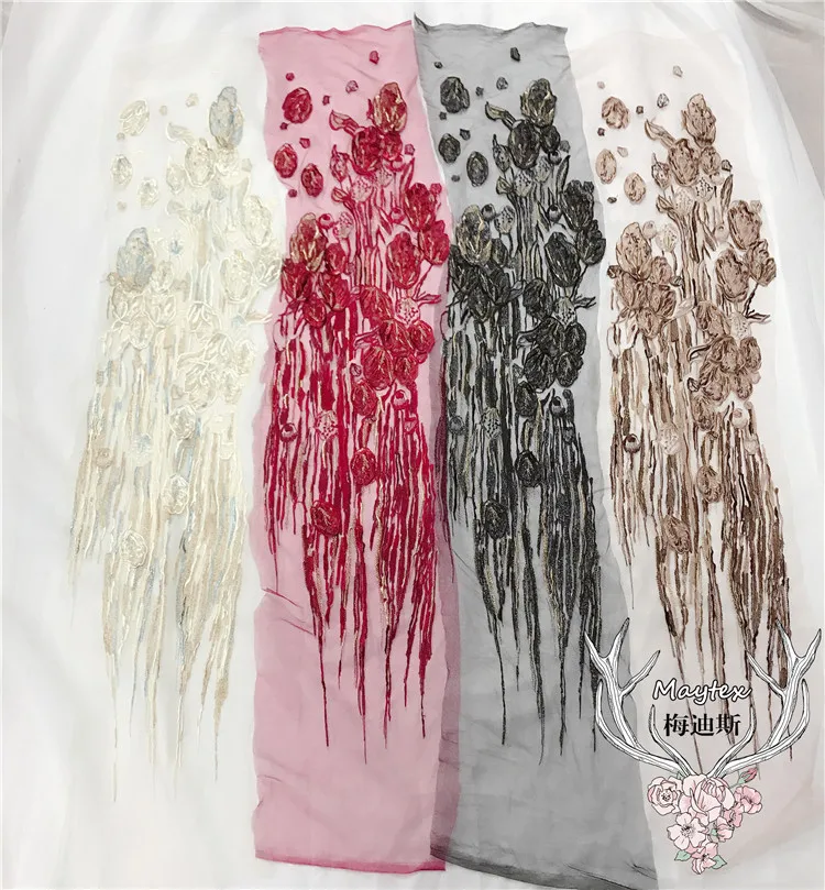 large long sequin beaded 3D embroidery gold flowers lace patch Dress DIY veil applique parche clothes hanfu decoration