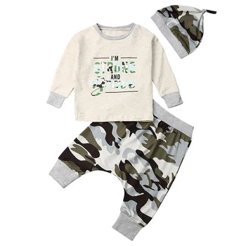 

Autumn Baby Boys Clothes Sets Long Sleeve Letters Print T-shirts Tops Camouflage Trousers With Hat Outfits Baby's Sets Cloth