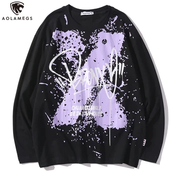 

Aolamegs T shirt Men Esthetics Watercolor Letter Inkjet Men Tee Shirts Cotton Casual High Street Punk Long Sleeve Streetwear men