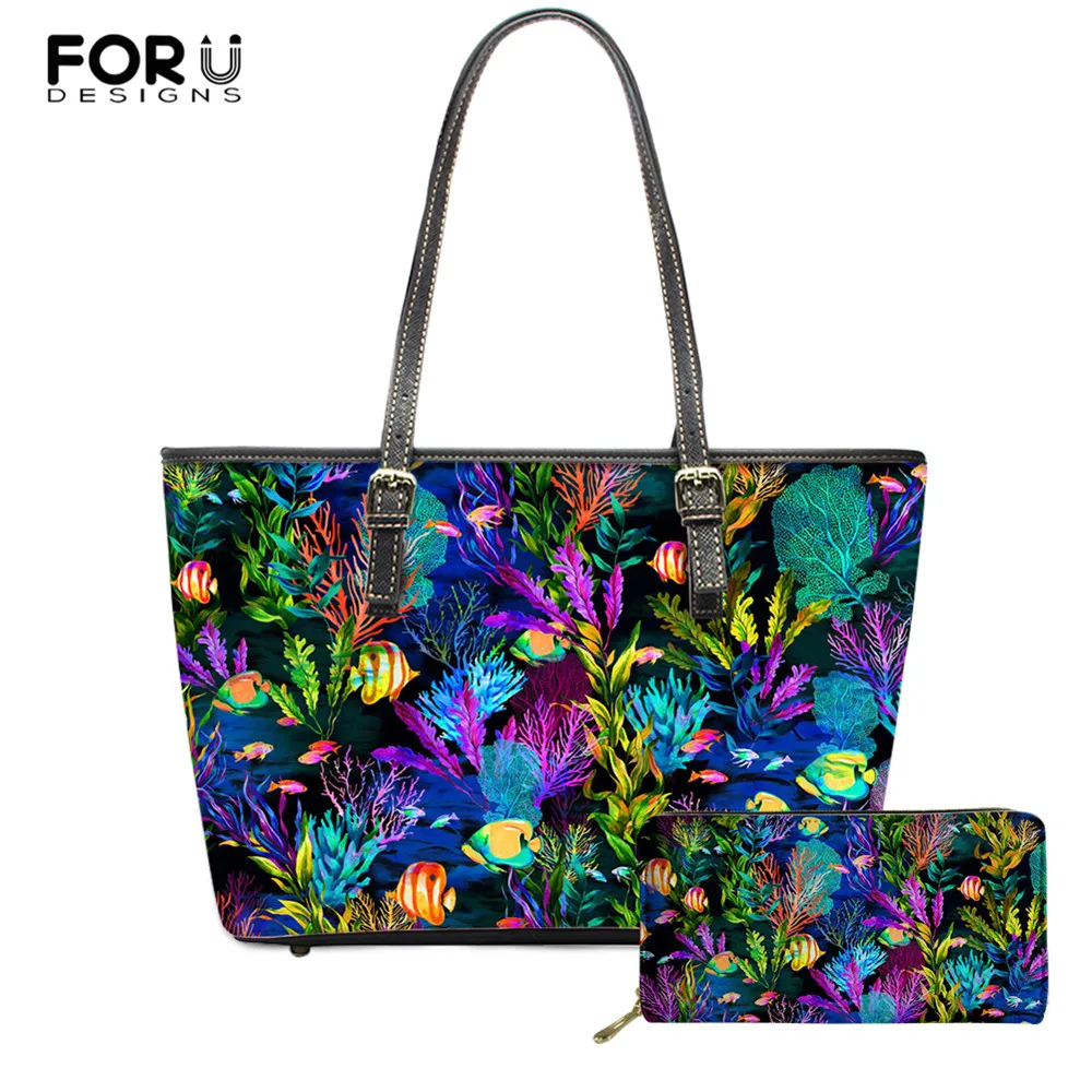 

FOURDESIGNS Female Large Capacity Pu Leather Handbag&Wallet 2Pcs Tropical Ocean Fish Pattern Ladies Casual Beach Totes Bags 2020