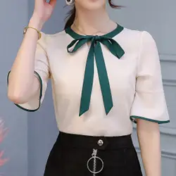 Для женщин Летняя Корейская рубашка модная Повседневное, с короткими рукавами, галстук-бабочка, шифоновая рубашка Топ blusas mujer de moda 2019 blusa