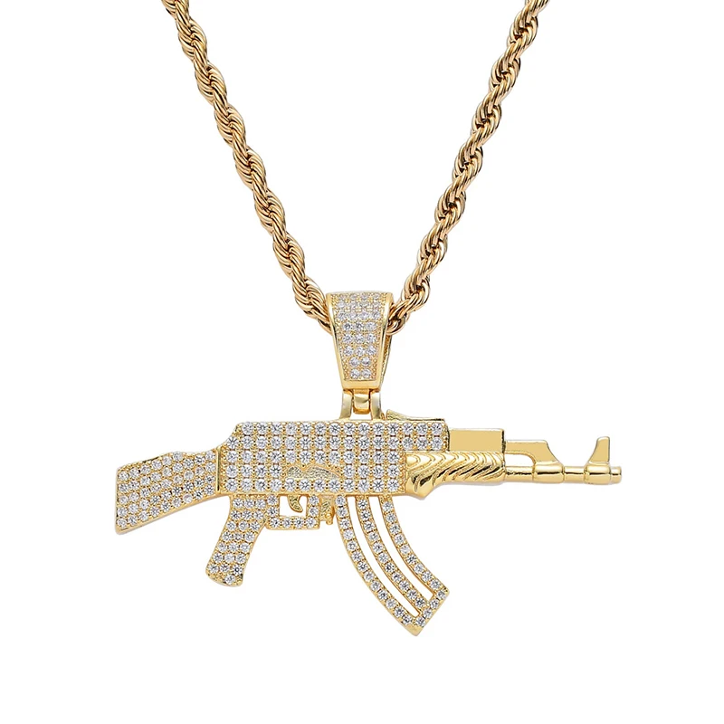 

Hip Hop AAA+ Cubic Zirconia Setting Bling Ice Out CS GO AK 47 Gun Pendants Necklace for Men CZ Rapper Jewelry Gold Silver Color