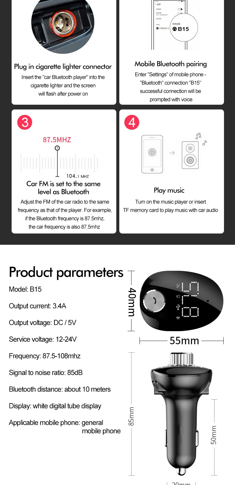 ROCK 3.4A Dual USB Автомобильное зарядное устройство для iPhone мобильный телефон с fm-передатчиком Bluetooth приемник громкой связи аудио MP3 плеер TF карта