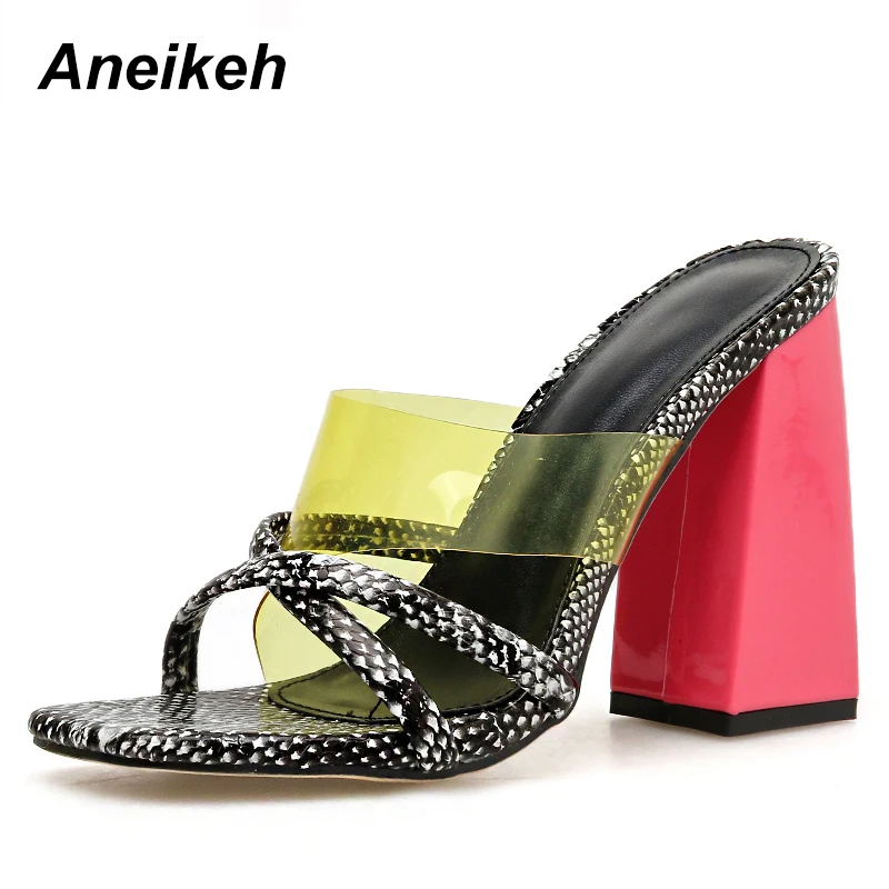 

Aneikeh New Summer 2019 Novelty PVC Transparent Women Slippers Serpentine Open Toe Square High Heels Crystal Women's Shoes 35-40