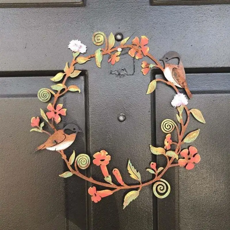 Flowers Wreath Wall Art Bird Garland Metal Hanging Wreath for Door Wall Farmhouse Decoration