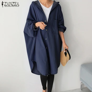 

Plus Size Denim Blue Coats 2020 ZANZEA Women's Asymmetrical Cardigan Sleeve Jackets Female Hooded Tops Outwear Hoody 5XL