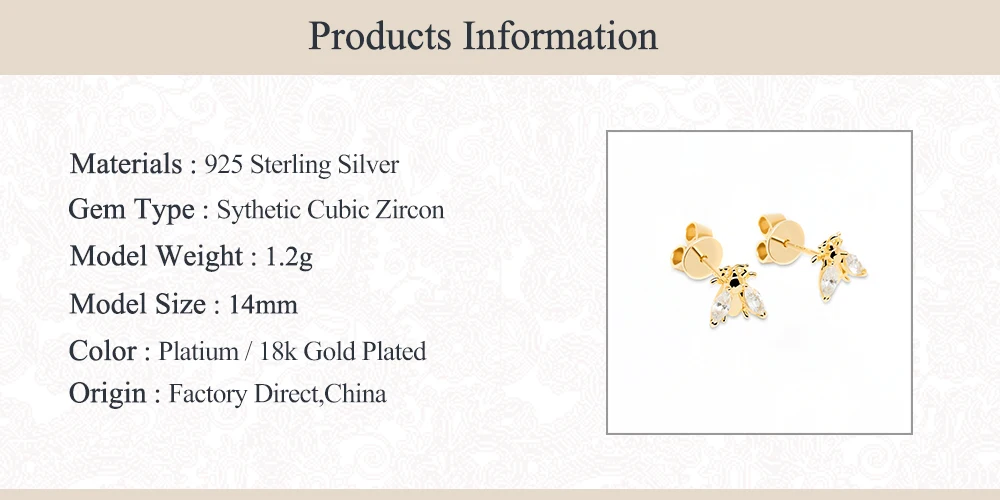 CANNER INS Style Mini Bee Zircon Tassel Earring Stud Earrings For Women 925 Sterling Silver Piercing Earings Jewelry Pendientes