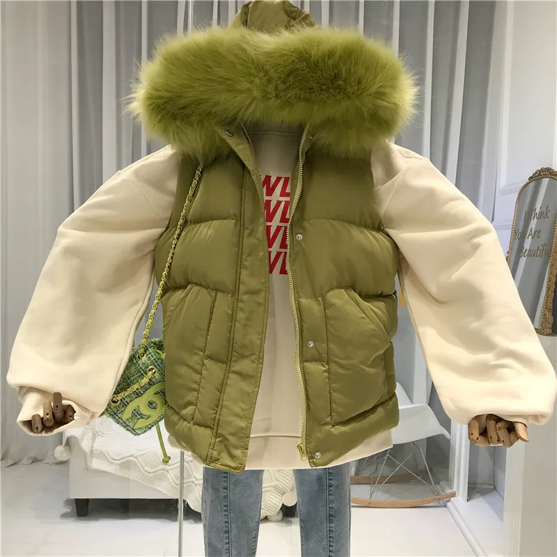 

Cotton Down Womens Vests Winter Outerwear Hooded High Street Solid Zipper Cardigan Coat White Vest for Women Sleeveless 2019