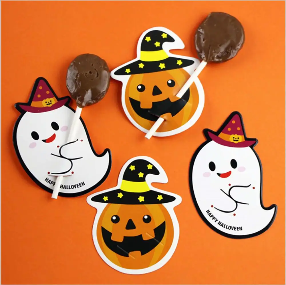 

2019 New 50 pcs DIY Cute Pumpkin Ghoest Devil Candy Decorations Paper Cards Message Lollipop Cards Halloween Gift