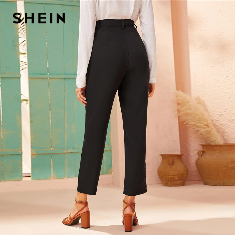 SHEIN/черные однотонные прямые брюки с высокой талией, женские осенние однотонные элегантные офисные платья на молнии, укороченные брюки