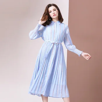 

Chiffon Dress Woman 2020 New Arrival Sale Spring Autumn Striped Print A-Line Elegant Womens Long Sleeve Shirt Dress Pleated Belt