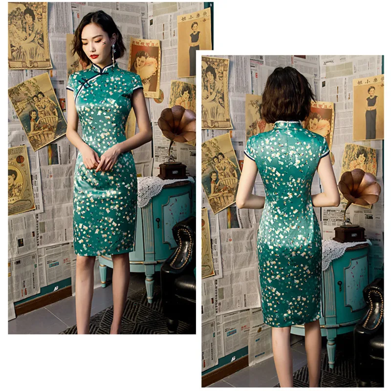 Sheng Coco печати зеленый Qipao платья дамы кружевной отделкой красивое платье Чонсам шелк вечернее элегантное Ретро Шанхай платье