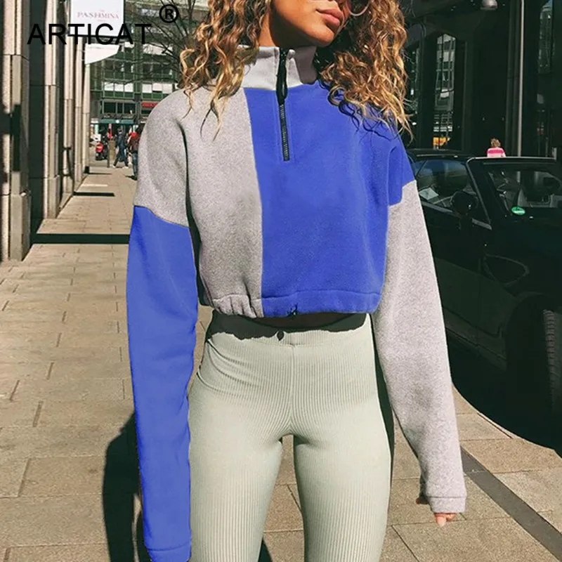 

Articat Patchwork Cropped Hoodies Women Sweatshirt Long Sleeve Zipper Crop Top Autumn Winter Women Pullovers Streetwear Hooded