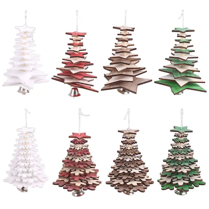 

2pcs/set Rotating Christmas Tree Ornaments 3D Star Snowflake with Bell Wooden Hanging Pendants for Home Office Decor 634E