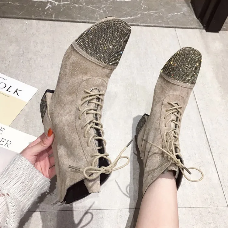 

Women's Rubber Boots Chunky Heel Booties Ladies Shoes Round Toe Luxury Designer Crystal Low Heels booties Zipper Lace Up Bootee