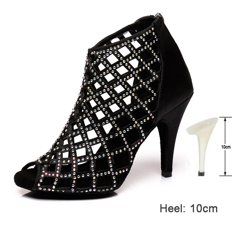 10CM heels Black HROYL Для женщин Латинская танцевальная обувь для девушек и женщин; с Стразы Танго Танцы обувь 10/8. 5/7. 5/6 см каблуке; Прямая поставка - Цвет: 10CM heels Black