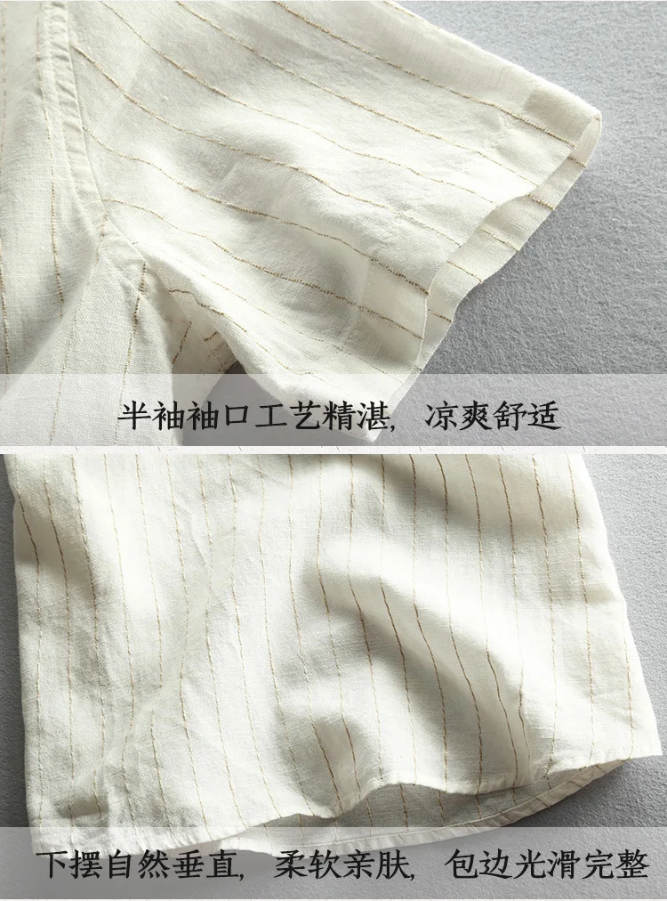 Men Summer Fashion China Style Vintage Striped Stand Collar Cotton Linen Short Sleeve Shirt Male Casual Slim Fit Thin Shirts