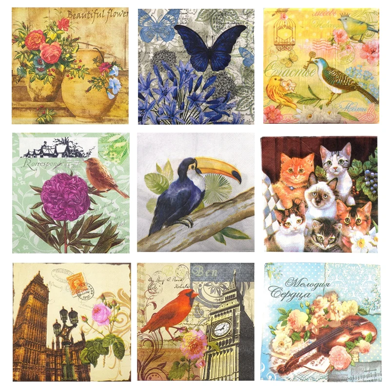 30 Sheets Assorted Paper Napkins For Decoupage Art Retro Vintage Decoupage Tissue Decorative Craft Papers
