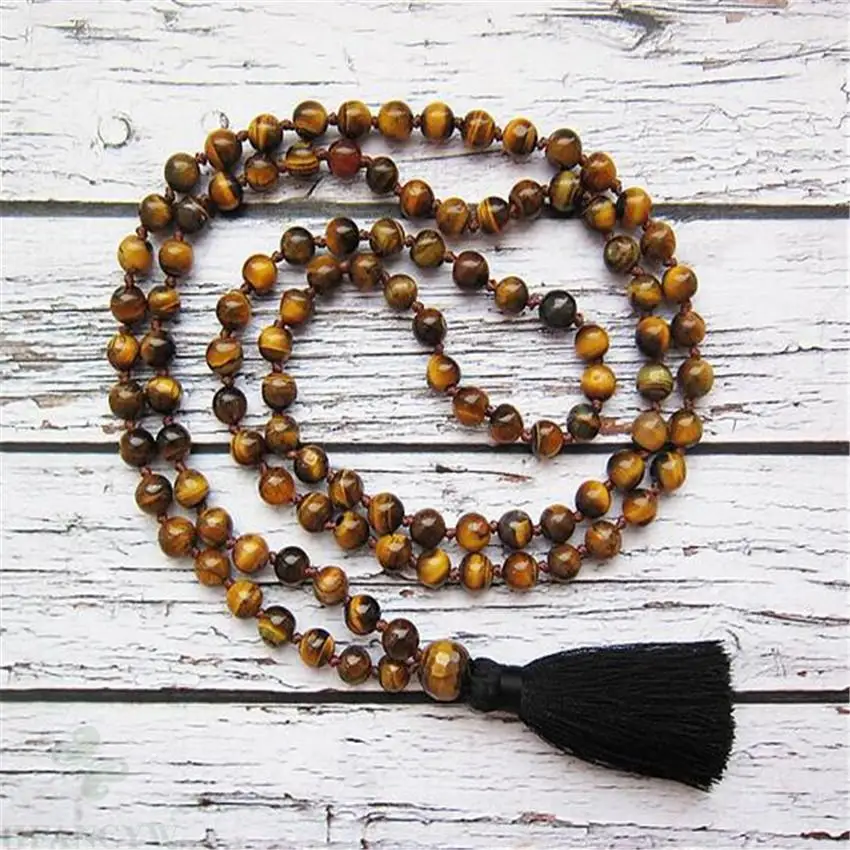 

6mm Tiger Eye Gemstone 108 Beads Tassel Mala Necklace Lucky energy Buddhism natural Sutra Veins Fancy Gemstone Chakra Wristband