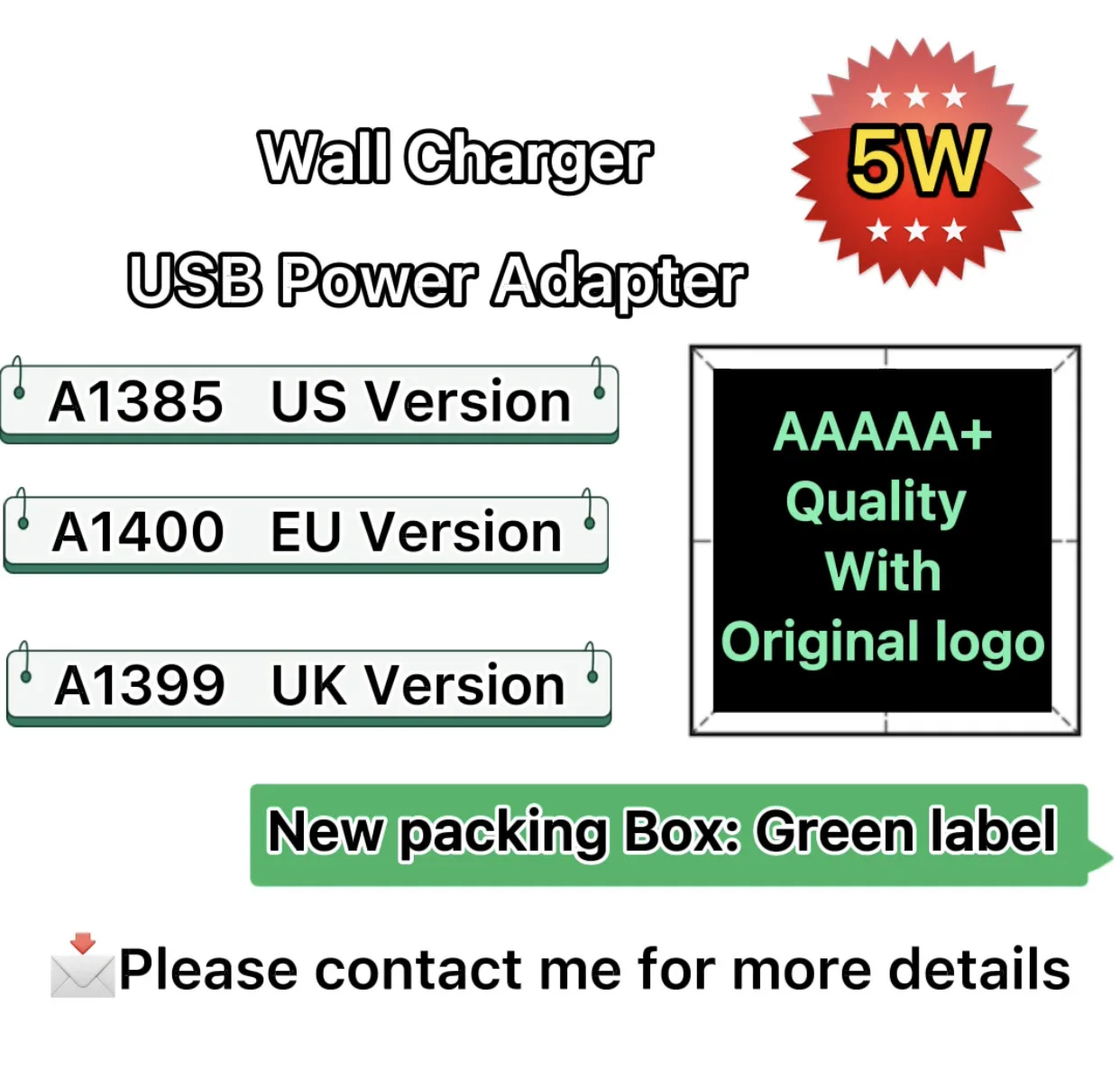 10 шт./лот AAAAA + OEM Качество США ЕС A1400 A1385 5 Вт USB Wall Зарядное устройство Мощность