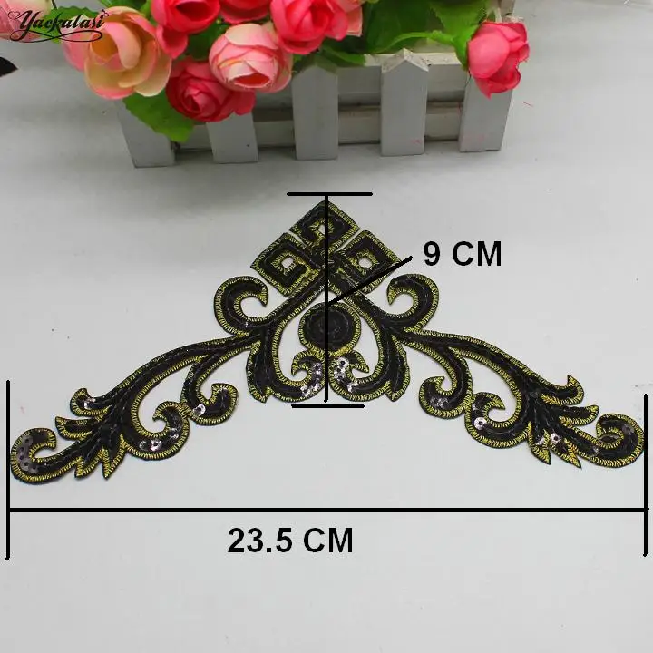 Sequined Applique Gold Embroidery Patches Trims sewing patches,clothing accessories Iron on Cosplay Costumes For Dress 23.5*9cm 1 Piece