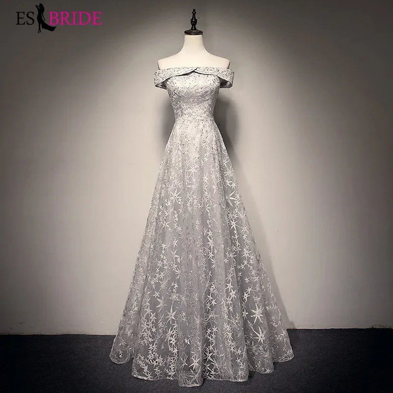 ES2751 вечернее платье с открытыми плечами Robe De Soiree 2019 Серый Тюль с аппликацией вечернее настоящая фотография платьев vestido de festa