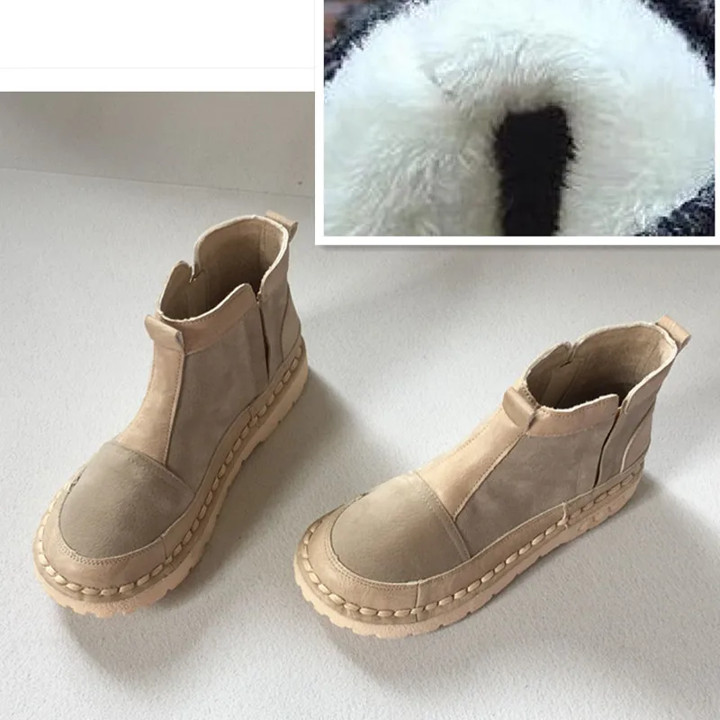 Beige Grey Villus HUIFENGAZURRCS/короткие женские ботинки в стиле ретро повседневные ботинки удобные ботинки ручной работы на плоской подошве ботинки в художественном стиле - Цвет: Beige Grey Villus