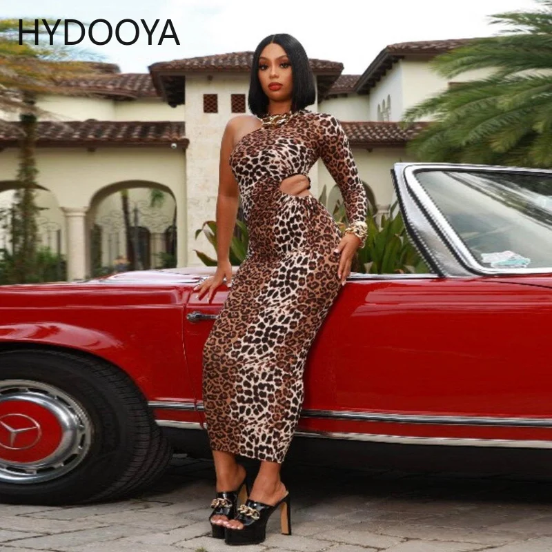 

Женское платье с леопардовым принтом, длинное винтажное платье с одним открытым плечом и длинным рукавом, Бандажное платье с вырезами на та...