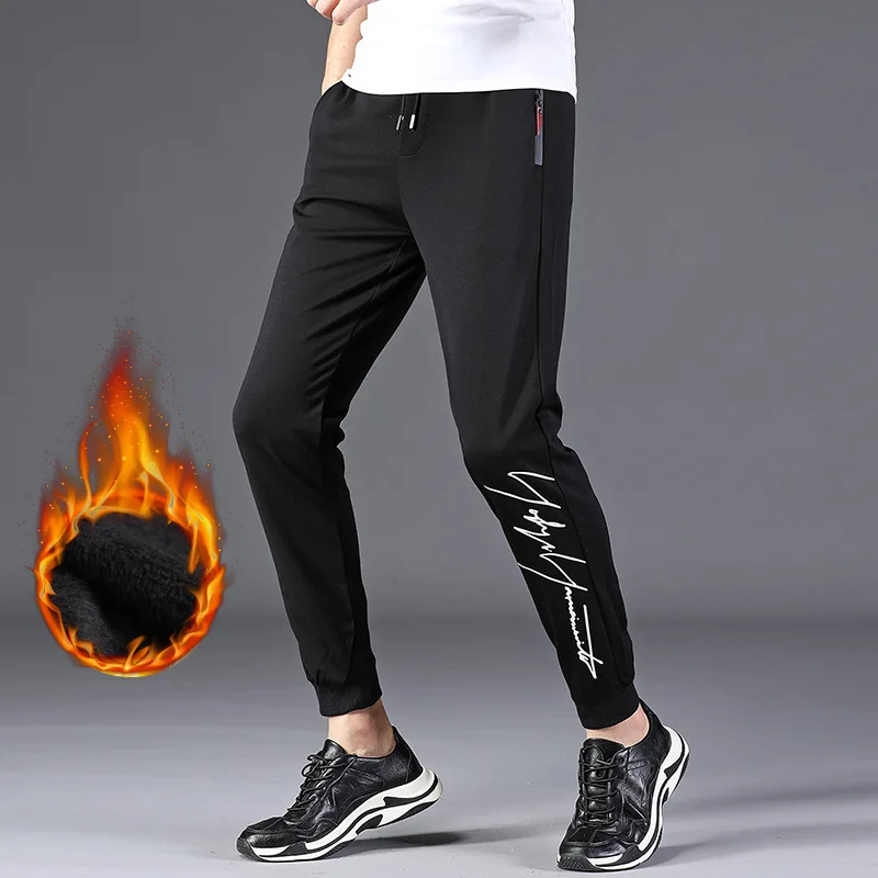 Fashion Winter Style Men plus Velvet Warm Casual Pants Korean-style Comfortable Trend MEN'S Sports Trousers Beam Leg Handsome Me
