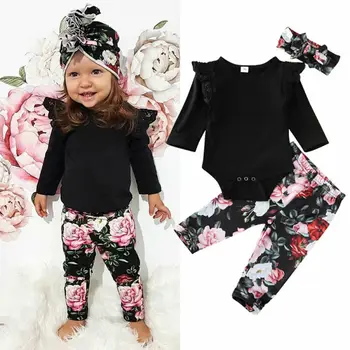 

0-24M Toddler Baby Girl Clothes Long Sleeve Bodysuit Tops +Floral Print Pants+ Headband Outfit 3PCS