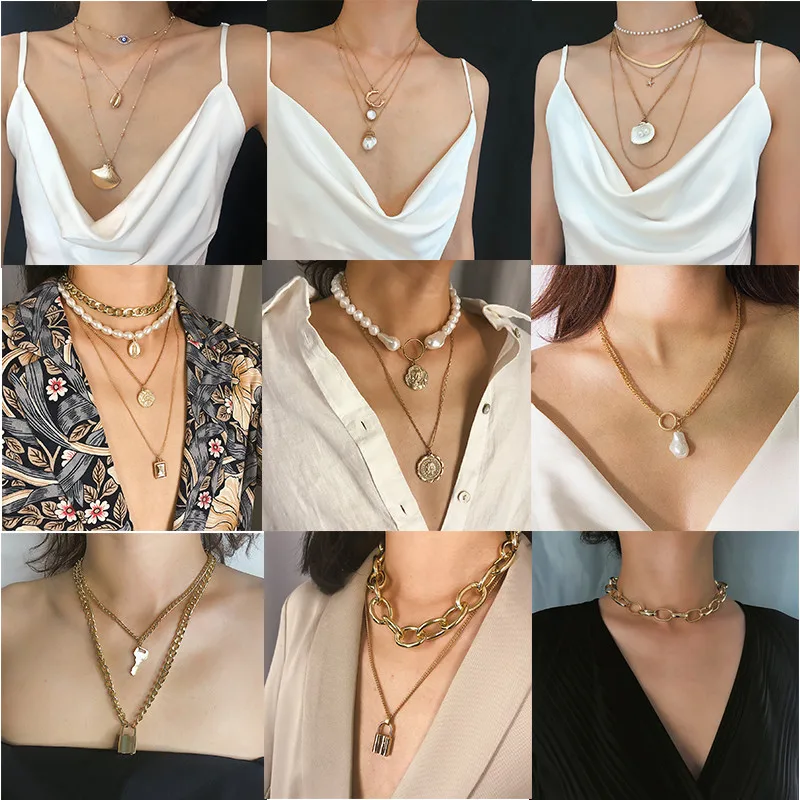 AE-CANFLY, Европейское массивное металлическое ожерелье в стиле панк с цепочкой и жемчугом, женское простое многослойное длинное ожерелье с кристаллами, аксессуары