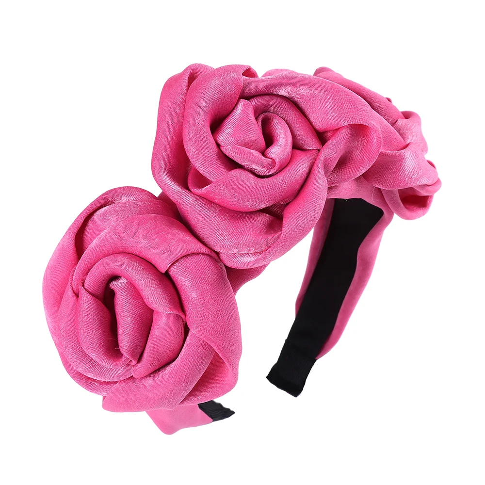 rose red Женская атласная повязка на голову Haimeikang, однотонный обруч обтянутый тканью с цветочным узором и большим цветком, на праздник - Цвет: rose red