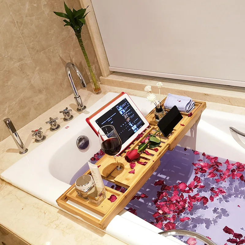 70-105cm Extendable Bamboo Bath Caddy Tray Nonslip Bath Tray Spa Bathtub Book Wine Tablet Bathroom Wooden Bathtub Bar Storage