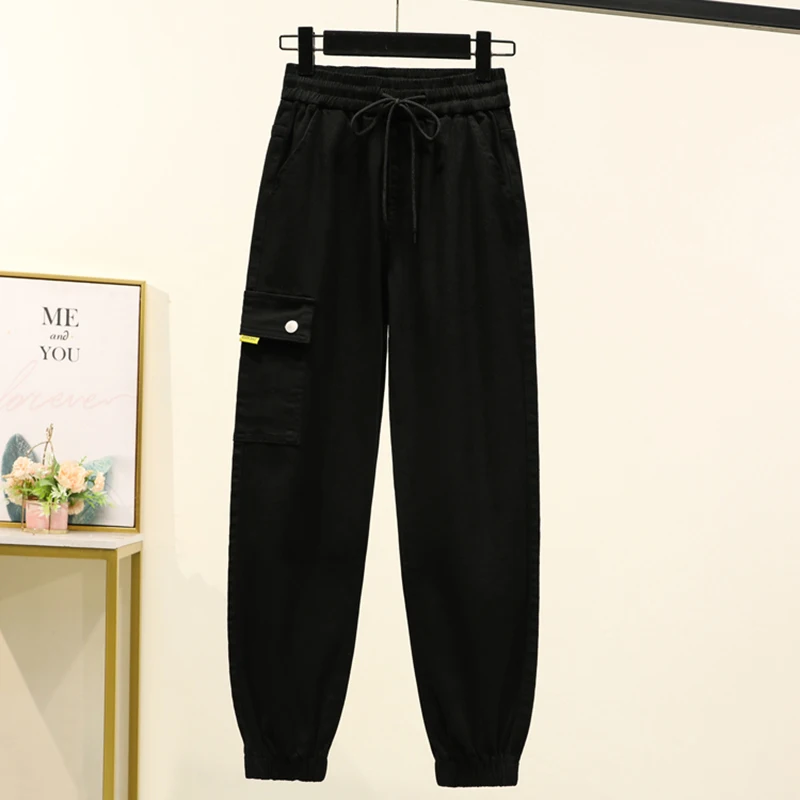 

Spring Elastic Waist Women's Jeans High Waist Cargo Pants Woman Drawstring Ankle Length Denim Plus Size Stretch Loose JeansBlack