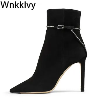 

Sexy pointed toe ankle boots 2020 thin high heels women suede crystal chain decor short boots autumn runway shoes botas mujer