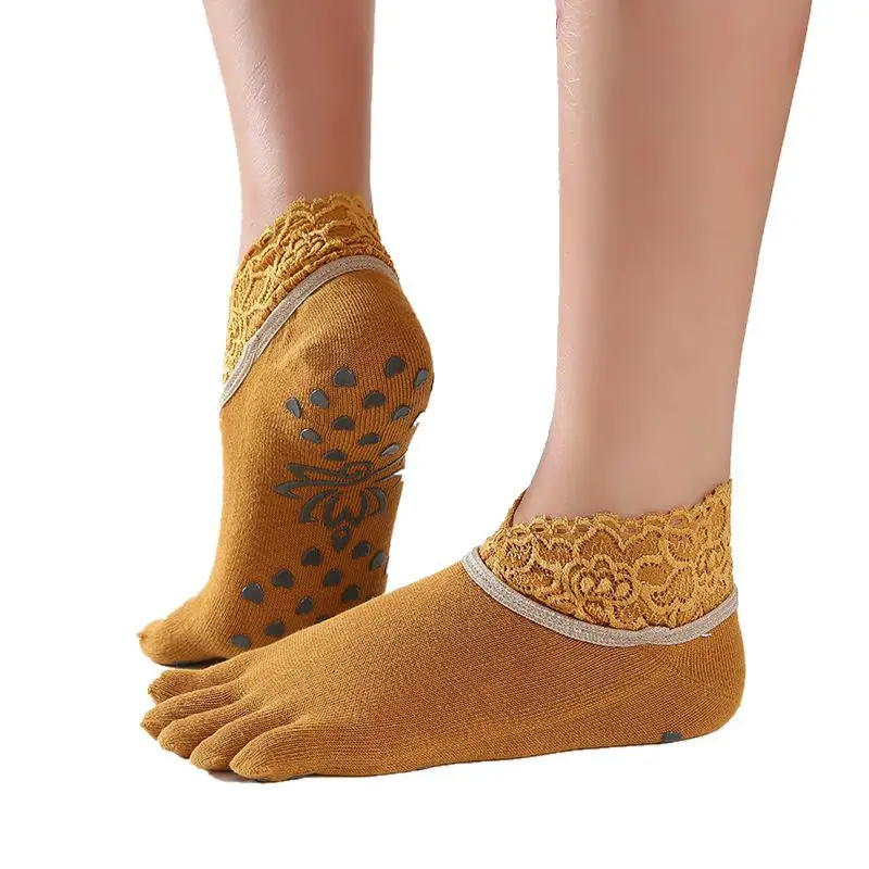 Женские носки для йоги, быстросохнущие, противоскользящие, силиконовые, для спортзала, пилатеса, балета, кружевные носки, для фитнеса, спорта, дышащие хлопковые носки, эластичные - Цвет: full toe yellow