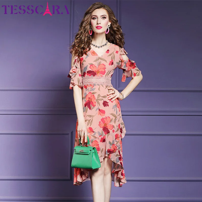 Floral TESSCARA женское летнее шифоновое платье с цветочным рисунком женское офисное женское платье с рукавом дизайнерское высококачественное Повседневное платье с русалочкой Vestidos - Цвет: Floral