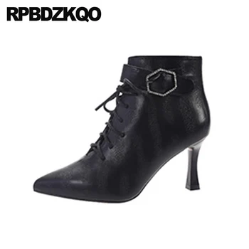 

Luxury Brand Shoes Women Booties Fur Waterproof Boots Winter Pointy Ladies Beige Stiletto Pointed Toe Ankle Lace Up High Heel