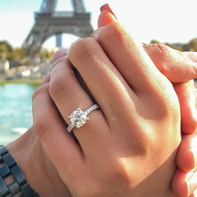 WUKALO 925 серебряные ювелирные изделия 1.5ct AAA циркон женские кольца для помолвки розовое золото цвет кристалл свадебные кольца для женщин - Цвет основного камня: Silver color